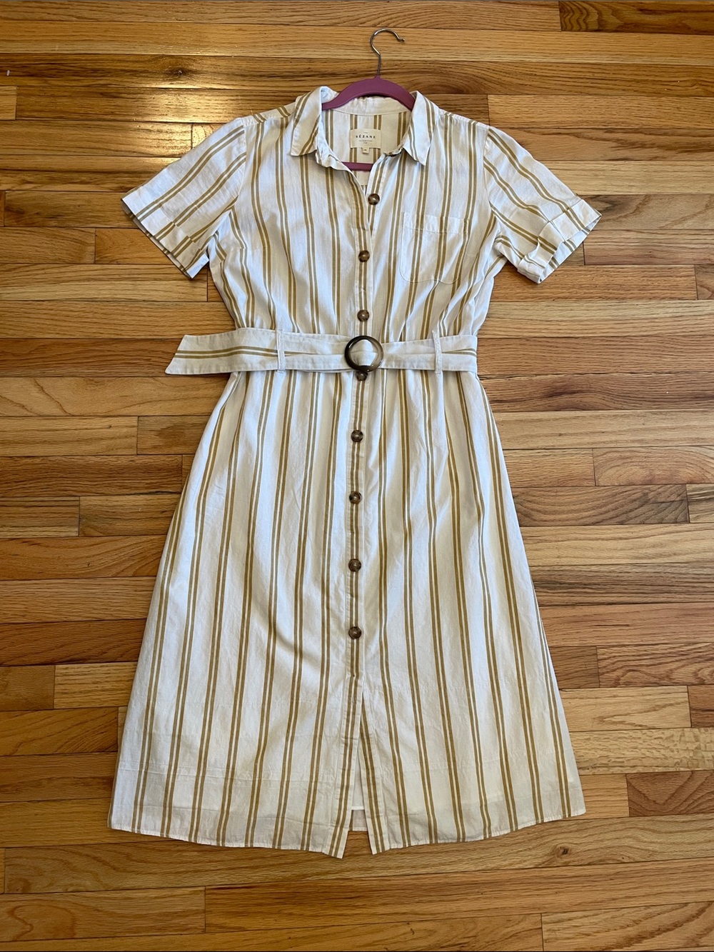 Sezane Lexia Linen-Blend Striped Shirt Dress with Belt - Ecru & Tan